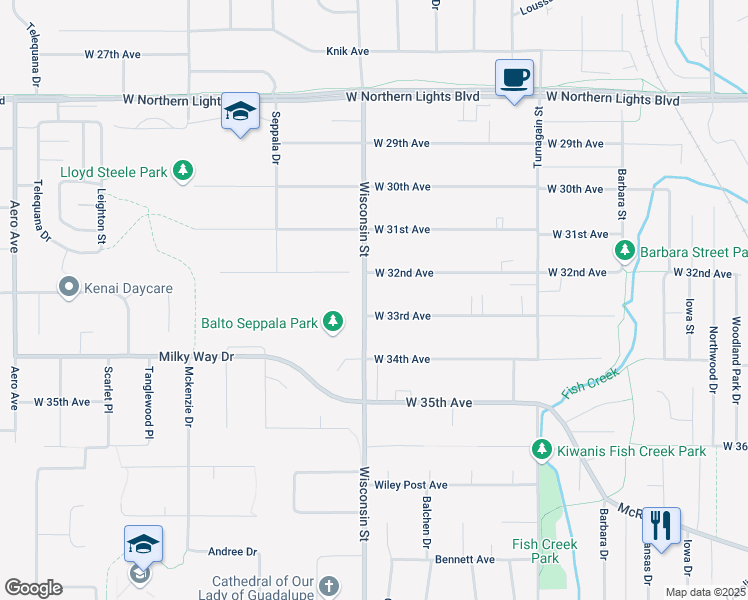 map of restaurants, bars, coffee shops, grocery stores, and more near 3207 Wisconsin Street in Anchorage