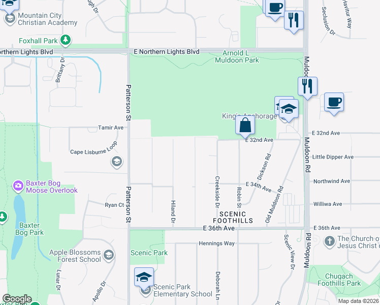 map of restaurants, bars, coffee shops, grocery stores, and more near 3218 Upland Drive in Anchorage