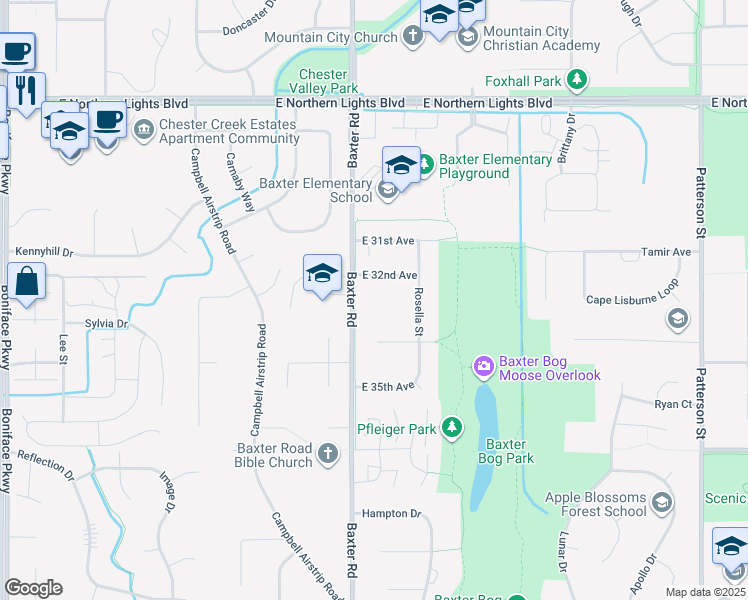 map of restaurants, bars, coffee shops, grocery stores, and more near 3217 Baxter Road in Anchorage