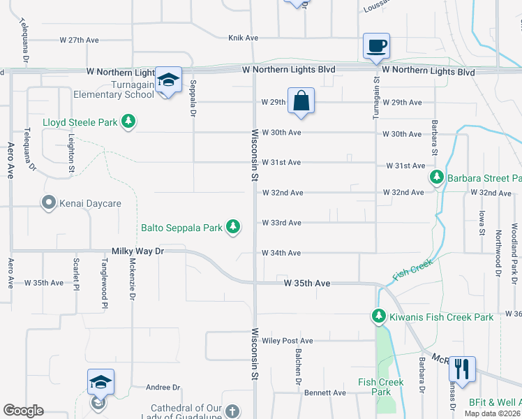 map of restaurants, bars, coffee shops, grocery stores, and more near 3207 Wisconsin Street in Anchorage