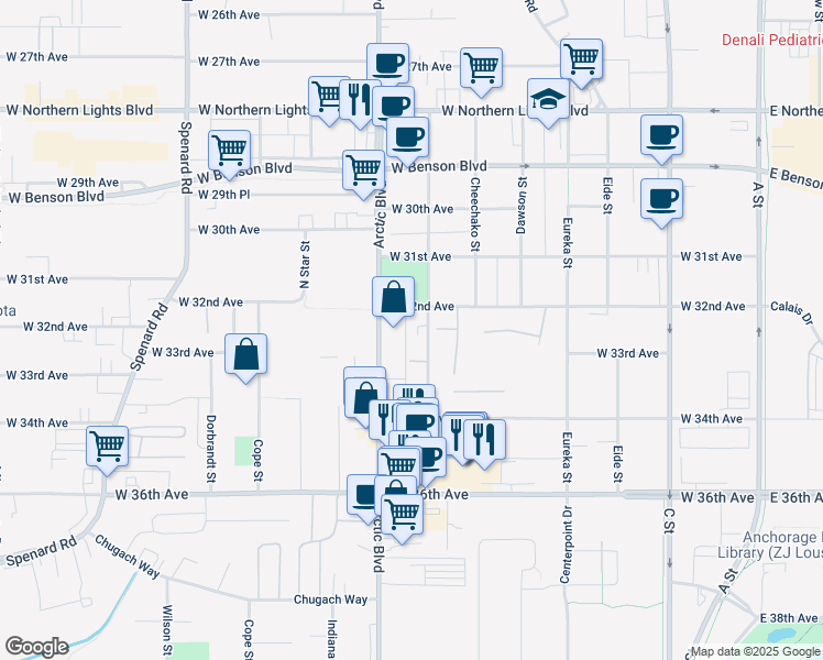 map of restaurants, bars, coffee shops, grocery stores, and more near 3210 Bering Street in Anchorage