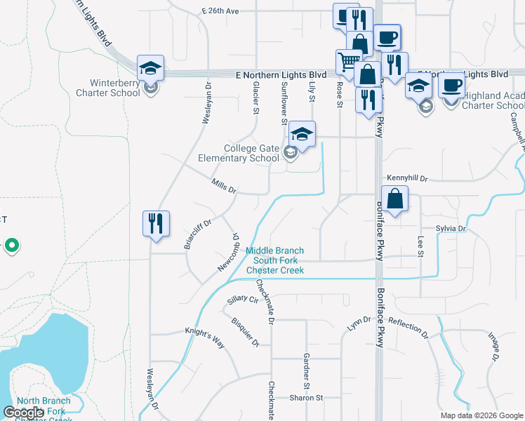 map of restaurants, bars, coffee shops, grocery stores, and more near 3123 Regis Ct in Anchorage