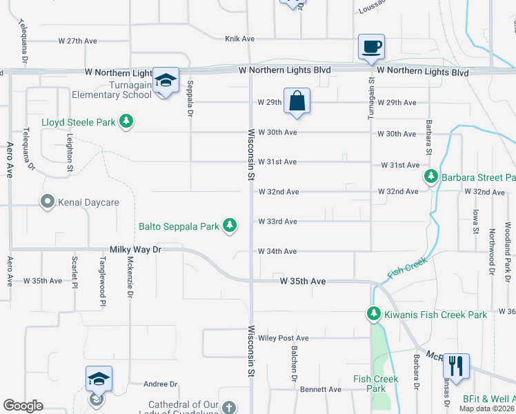map of restaurants, bars, coffee shops, grocery stores, and more near 3207 Wisconsin Street in Anchorage