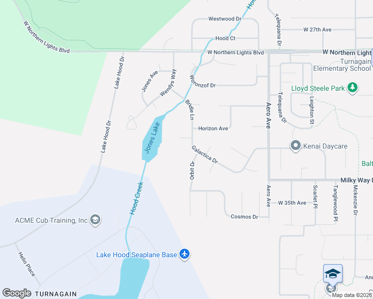 map of restaurants, bars, coffee shops, grocery stores, and more near 3310 Orbit Drive in Anchorage