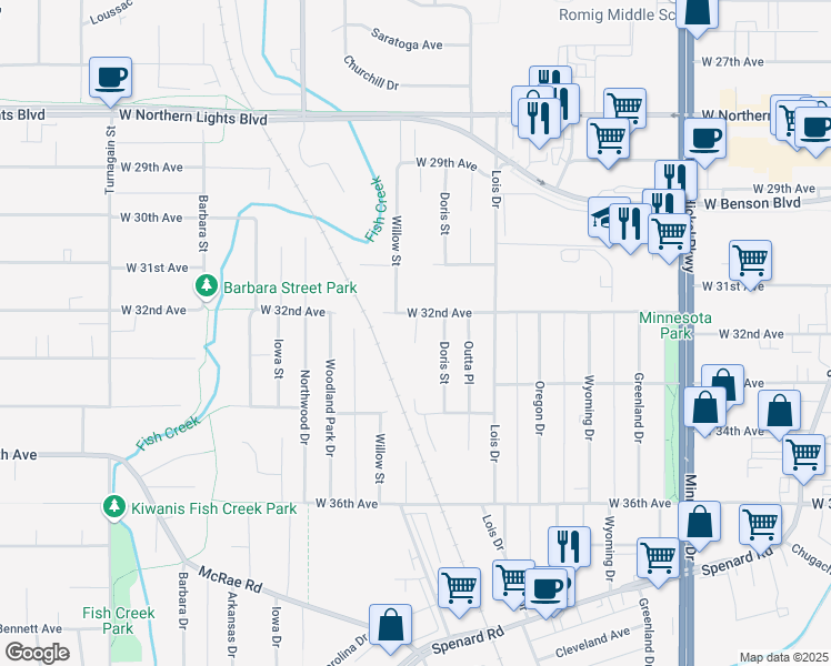 map of restaurants, bars, coffee shops, grocery stores, and more near 3214 Muriel Place in Anchorage