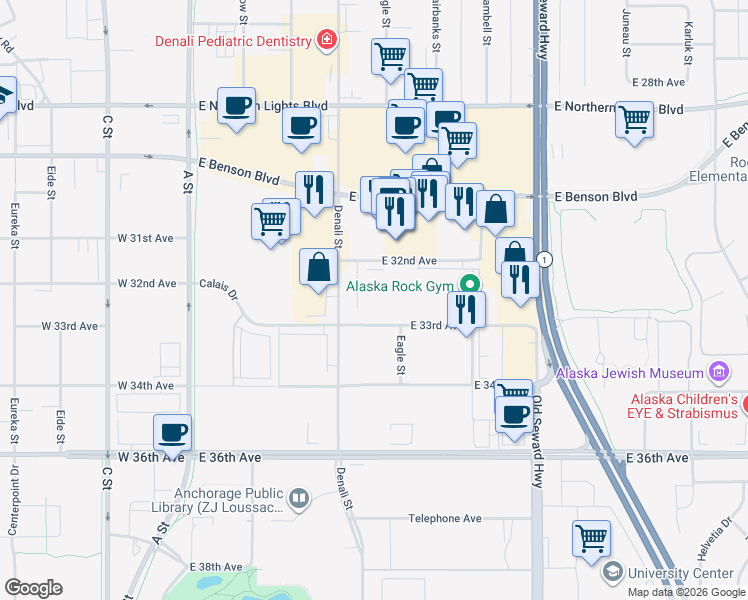map of restaurants, bars, coffee shops, grocery stores, and more near 501 East 33rd Avenue in Anchorage