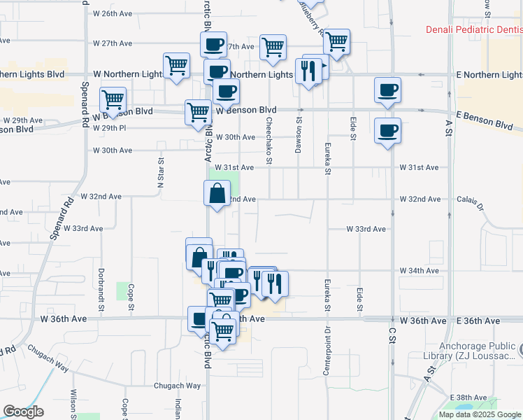 map of restaurants, bars, coffee shops, grocery stores, and more near 3211 Montclaire Court in Anchorage
