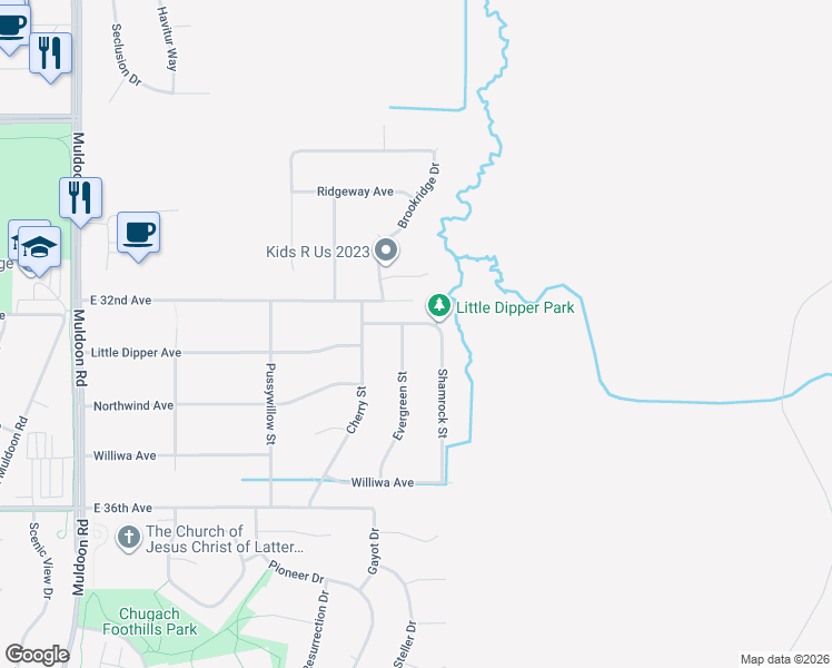 map of restaurants, bars, coffee shops, grocery stores, and more near 3220 Evergreen Street in Anchorage