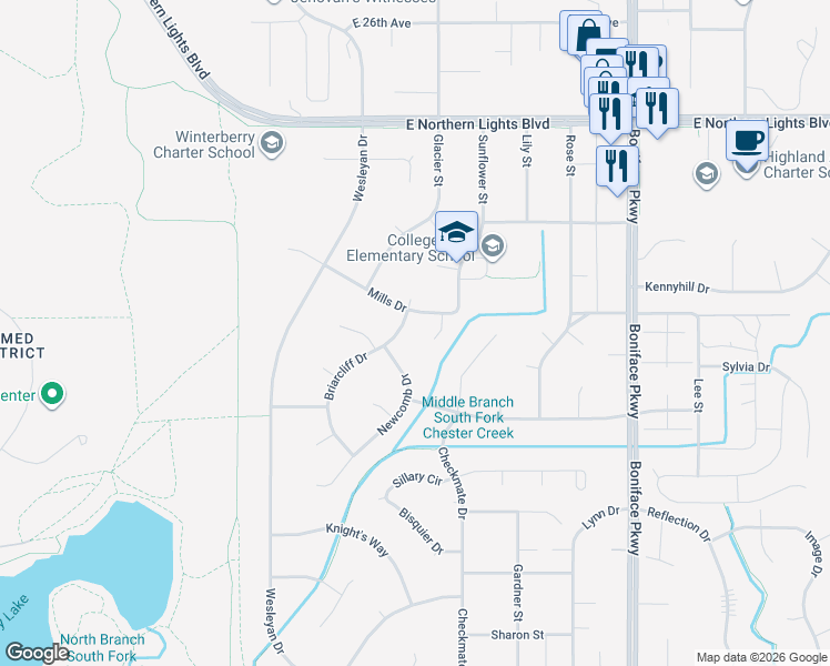 map of restaurants, bars, coffee shops, grocery stores, and more near 3127 Briarcliff Drive in Anchorage