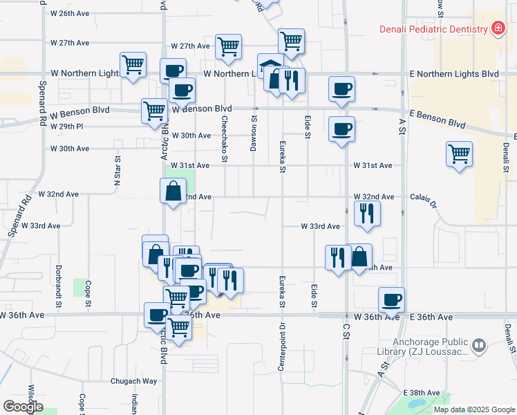 map of restaurants, bars, coffee shops, grocery stores, and more near 3251 Montpelier Court in Anchorage