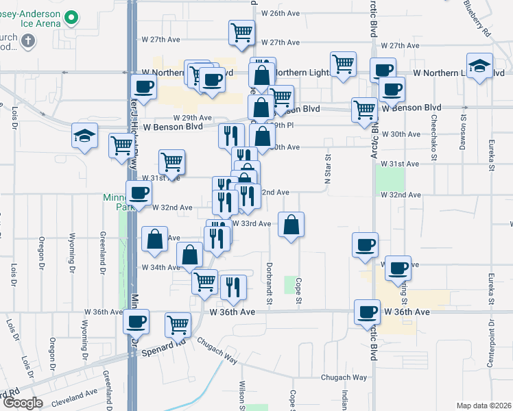 map of restaurants, bars, coffee shops, grocery stores, and more near 1107 West 33rd Avenue in Anchorage