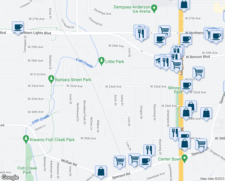 map of restaurants, bars, coffee shops, grocery stores, and more near 3202 Doris Street in Anchorage