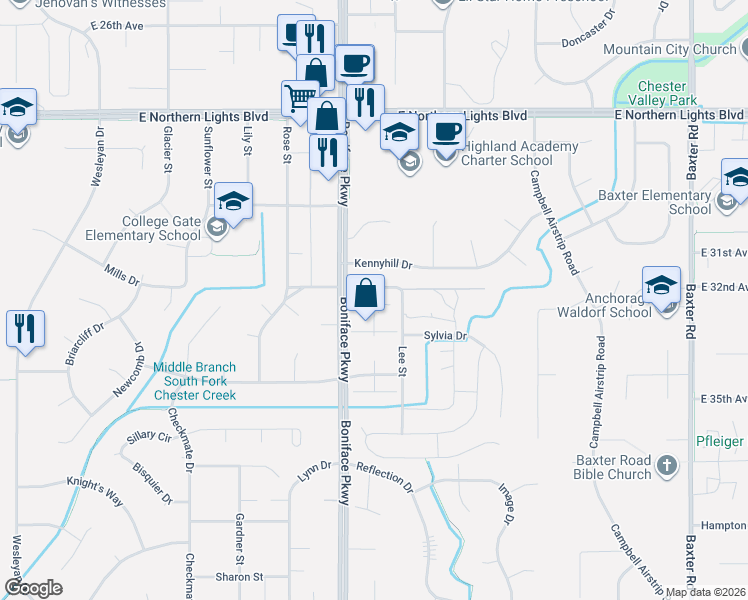 map of restaurants, bars, coffee shops, grocery stores, and more near 3227 Eastgate Place in Anchorage