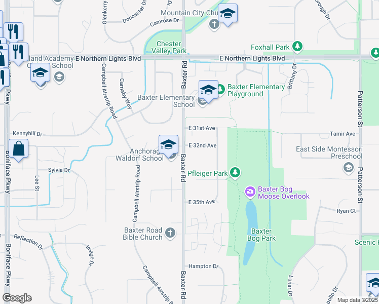 map of restaurants, bars, coffee shops, grocery stores, and more near 3217 Baxter Road in Anchorage