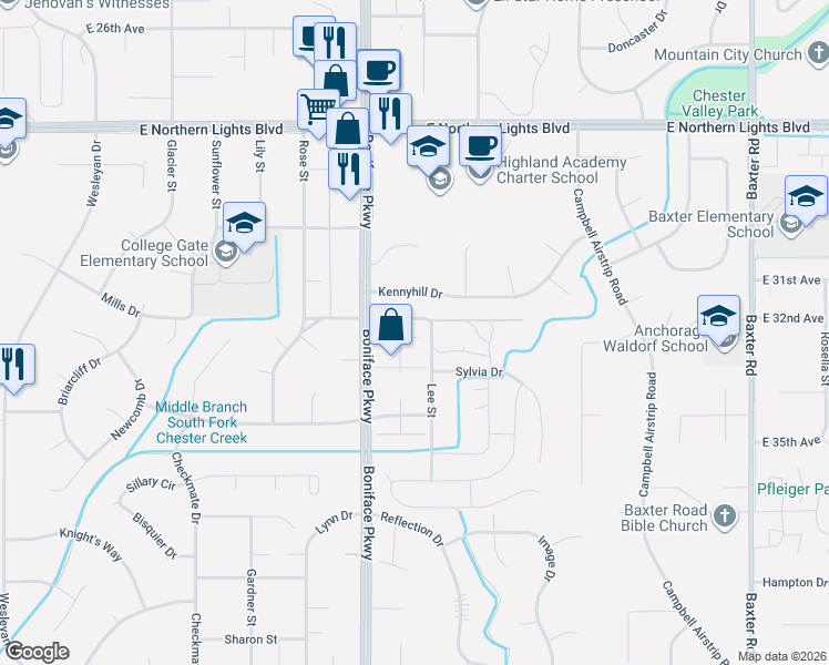 map of restaurants, bars, coffee shops, grocery stores, and more near 3227 Eastgate Place in Anchorage