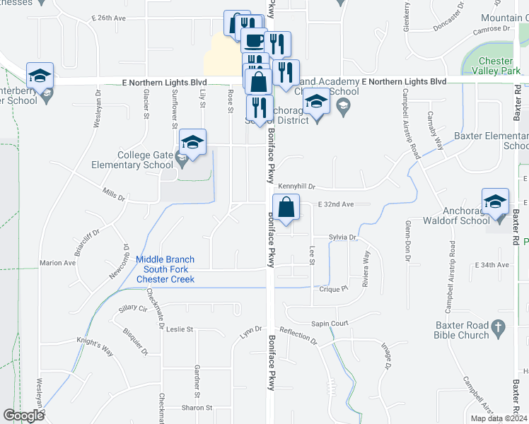 map of restaurants, bars, coffee shops, grocery stores, and more near 3307 Boniface Parkway in Anchorage
