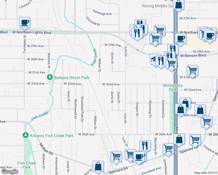 map of restaurants, bars, coffee shops, grocery stores, and more near 3214 Muriel Place in Anchorage