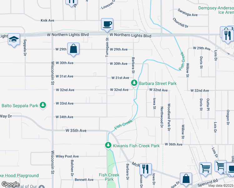 map of restaurants, bars, coffee shops, grocery stores, and more near 2703 West 33rd Avenue in Anchorage