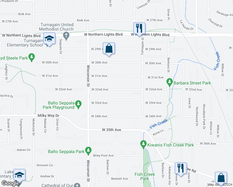 map of restaurants, bars, coffee shops, grocery stores, and more near 2907 West 33rd Avenue in Anchorage
