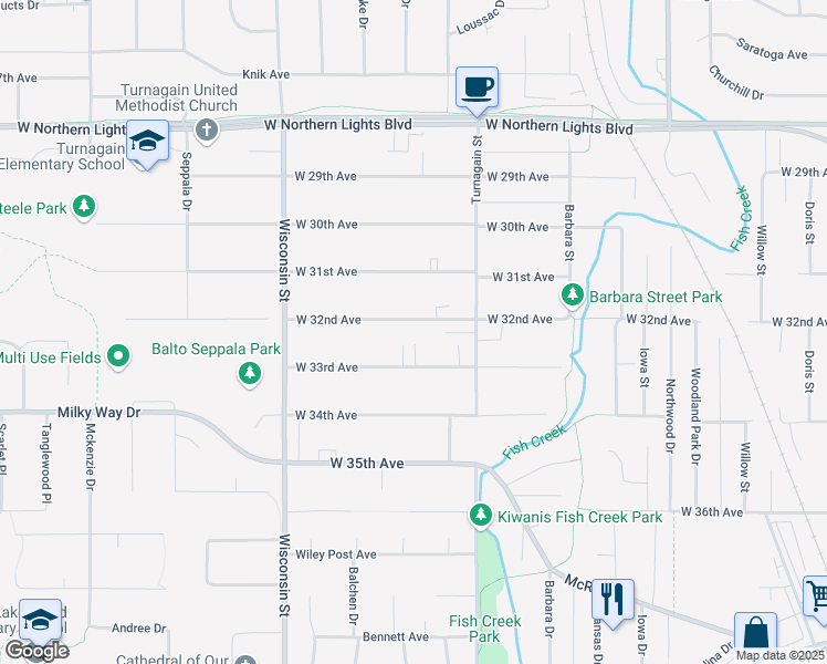 map of restaurants, bars, coffee shops, grocery stores, and more near 2902 West 32nd Avenue in Anchorage