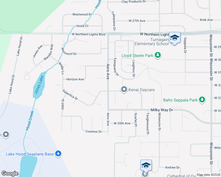map of restaurants, bars, coffee shops, grocery stores, and more near 3900 Galactica Drive in Anchorage