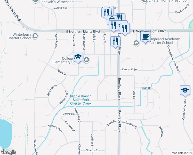 map of restaurants, bars, coffee shops, grocery stores, and more near 5323 Keuka Court in Anchorage