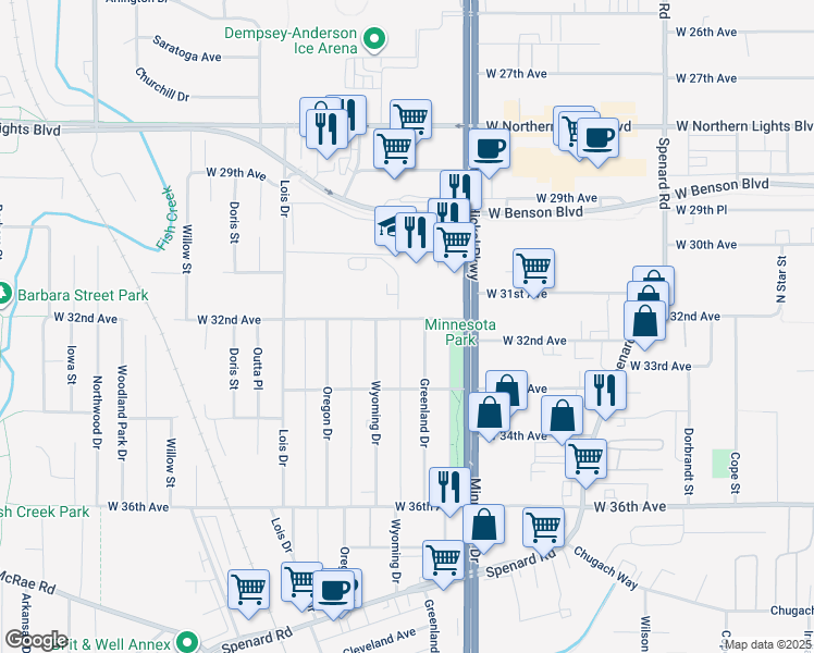 map of restaurants, bars, coffee shops, grocery stores, and more near 3209 Wyoming Drive in Anchorage