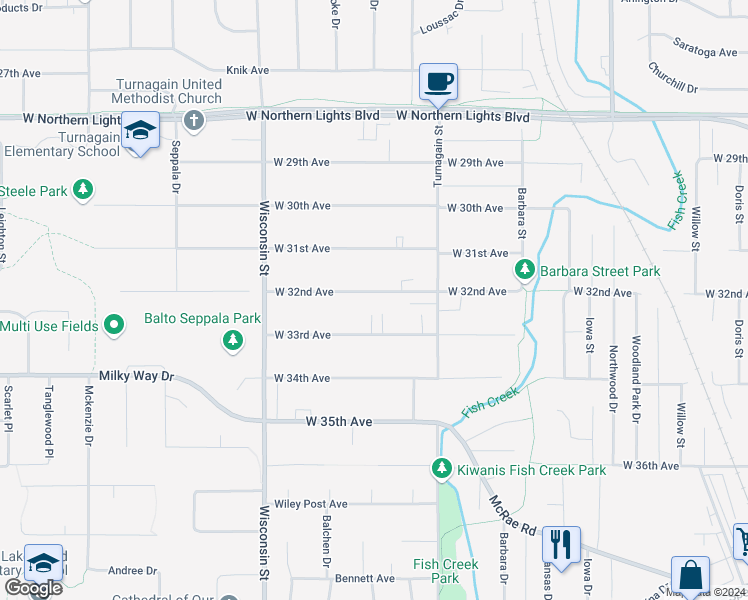 map of restaurants, bars, coffee shops, grocery stores, and more near 2907 West 33rd Avenue in Anchorage