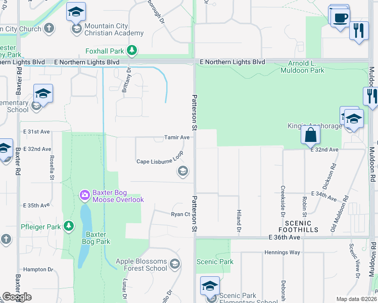 map of restaurants, bars, coffee shops, grocery stores, and more near 3220 Khyber Circle in Anchorage