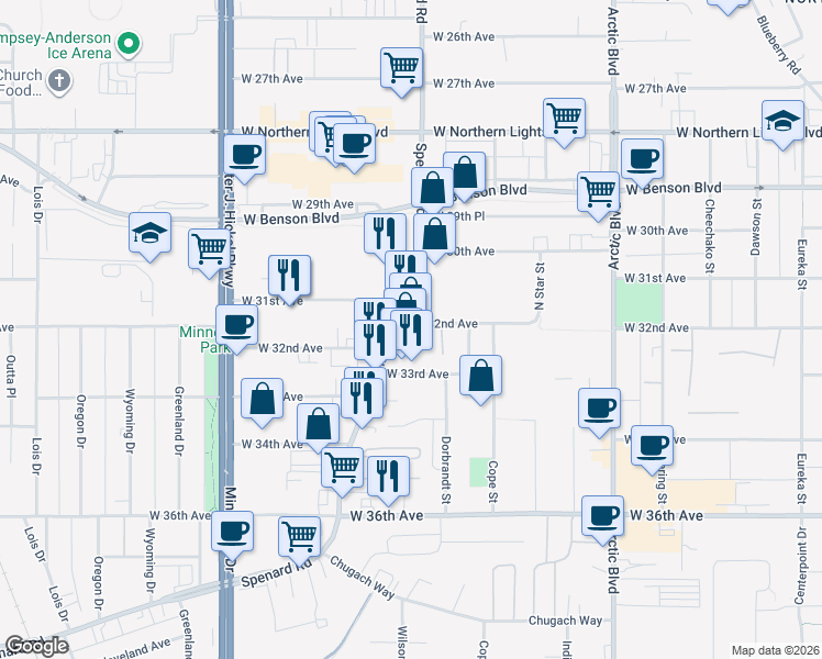 map of restaurants, bars, coffee shops, grocery stores, and more near 1107 West 33rd Avenue in Anchorage