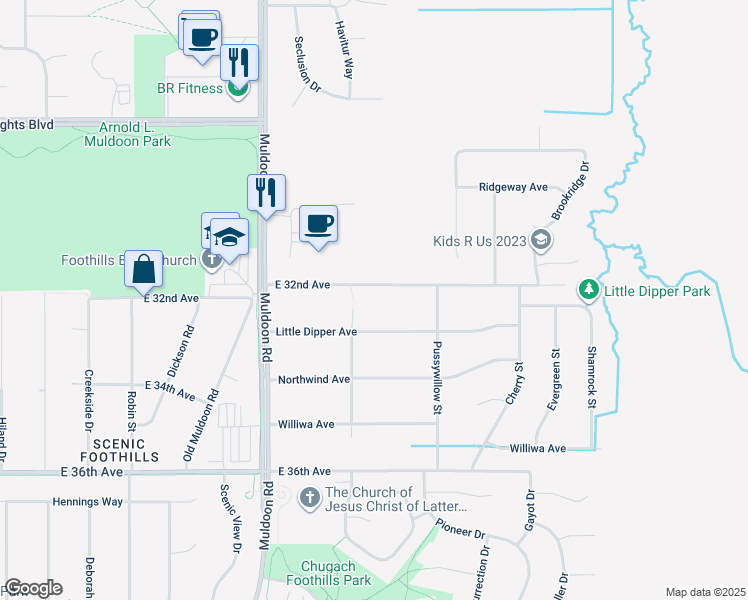 map of restaurants, bars, coffee shops, grocery stores, and more near 8121 Little Dipper Avenue in Anchorage