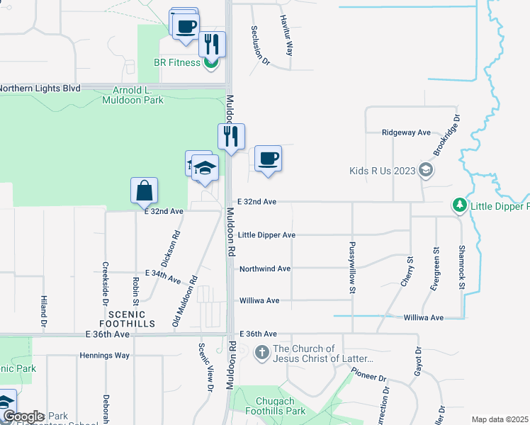 map of restaurants, bars, coffee shops, grocery stores, and more near 8001 Little Dipper Avenue in Anchorage