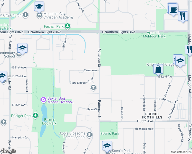 map of restaurants, bars, coffee shops, grocery stores, and more near 3220 Khyber Circle in Anchorage