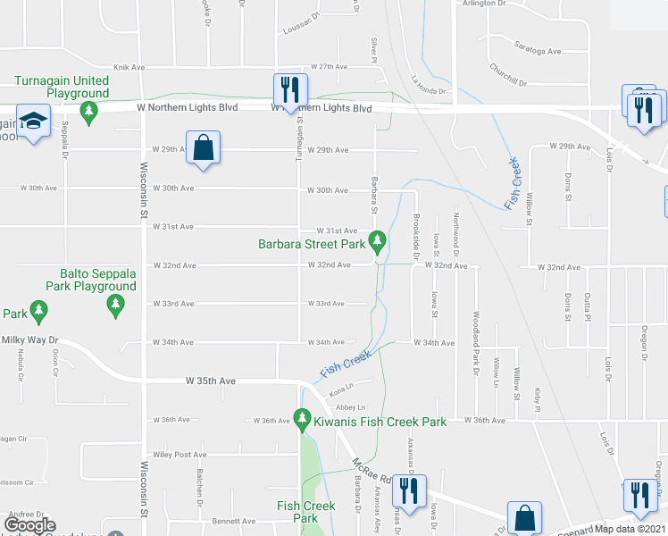 map of restaurants, bars, coffee shops, grocery stores, and more near 2703 West 33rd Avenue in Anchorage