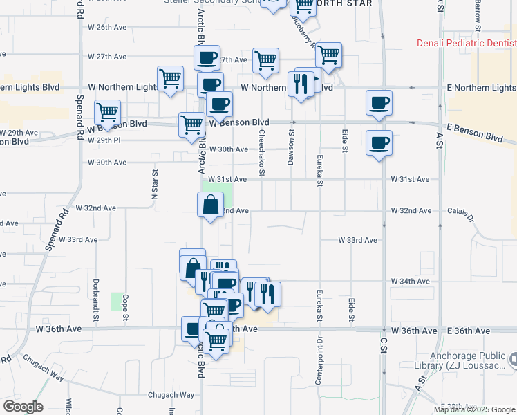 map of restaurants, bars, coffee shops, grocery stores, and more near 3211 Montclaire Court in Anchorage