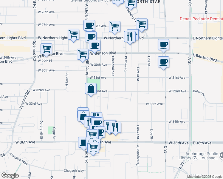 map of restaurants, bars, coffee shops, grocery stores, and more near 3211 Montclaire Court in Anchorage