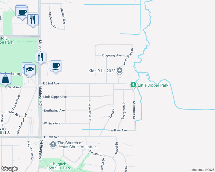 map of restaurants, bars, coffee shops, grocery stores, and more near 8403 Little Dipper Avenue in Anchorage
