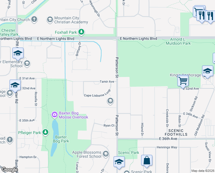 map of restaurants, bars, coffee shops, grocery stores, and more near 7021 Tamir Avenue in Anchorage