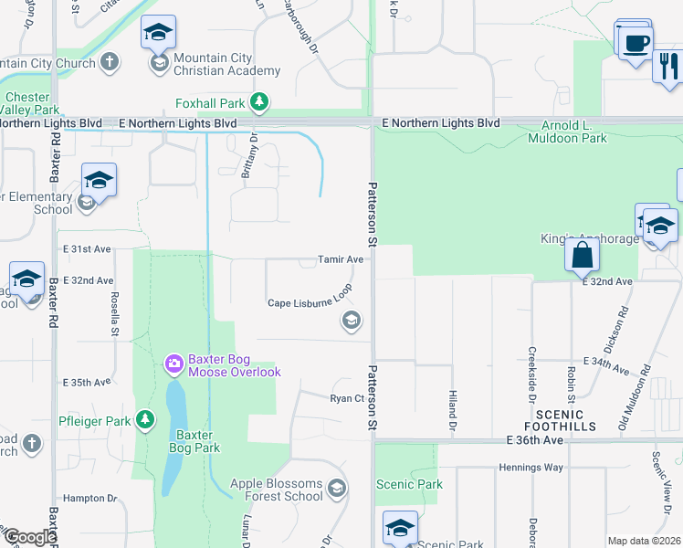 map of restaurants, bars, coffee shops, grocery stores, and more near 7021 Tamir Avenue in Anchorage