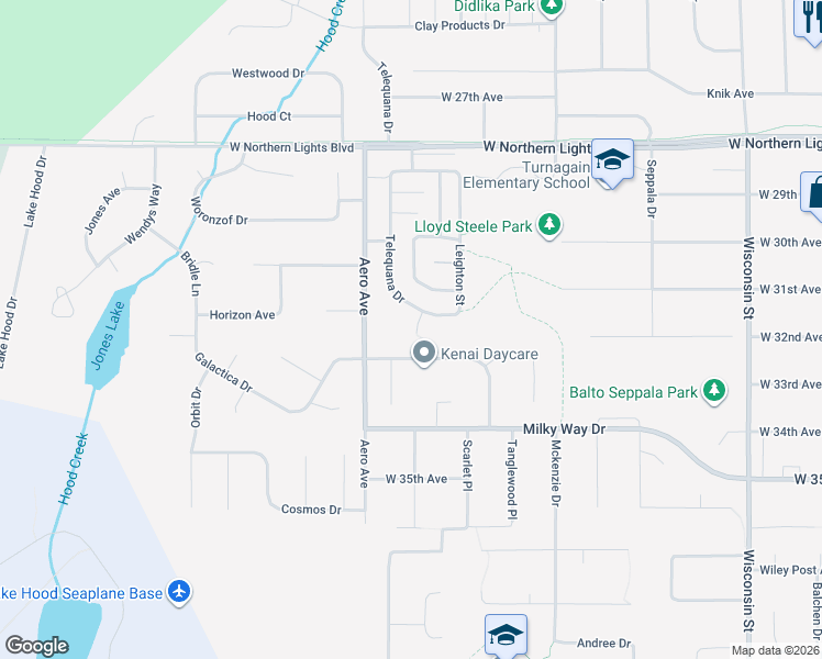 map of restaurants, bars, coffee shops, grocery stores, and more near 3065 Telequana Drive in Anchorage