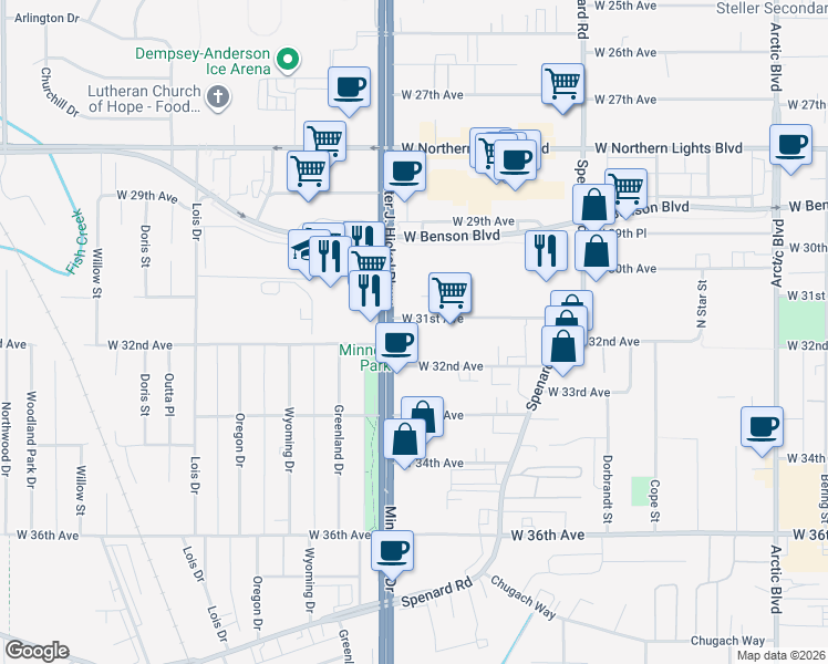 map of restaurants, bars, coffee shops, grocery stores, and more near 1503 West 31st Avenue in Anchorage