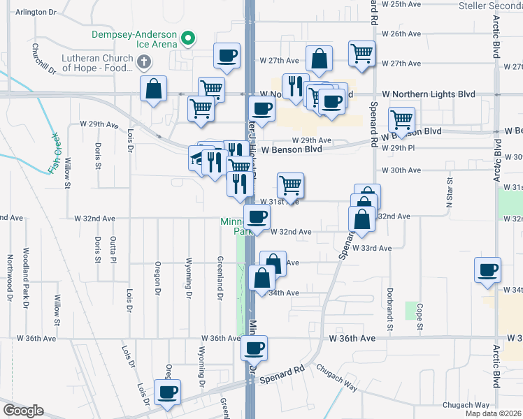 map of restaurants, bars, coffee shops, grocery stores, and more near 1508 West 31st Avenue in Anchorage