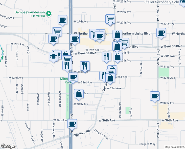 map of restaurants, bars, coffee shops, grocery stores, and more near 1407 West 31st Avenue in Anchorage