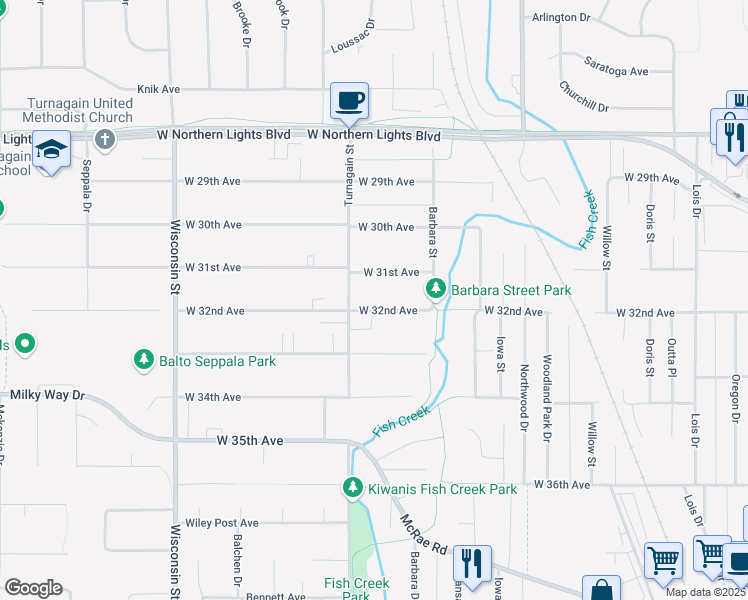 map of restaurants, bars, coffee shops, grocery stores, and more near 2703 West 31st Avenue in Anchorage