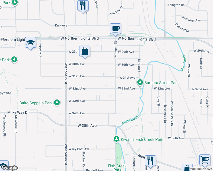 map of restaurants, bars, coffee shops, grocery stores, and more near 2808 West 31st Avenue in Anchorage