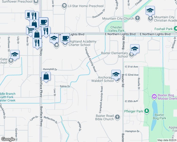 map of restaurants, bars, coffee shops, grocery stores, and more near 3144 Campbell Airstrip Road in Anchorage