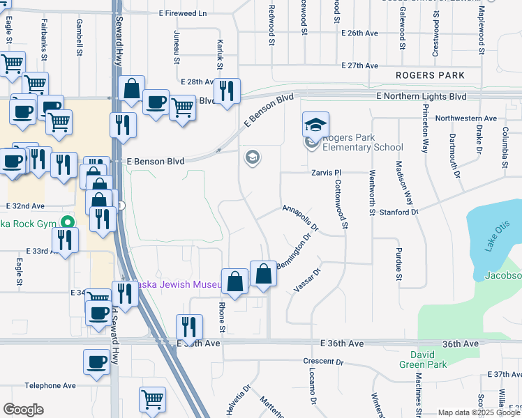 map of restaurants, bars, coffee shops, grocery stores, and more near 3048 Redwood Street in Anchorage
