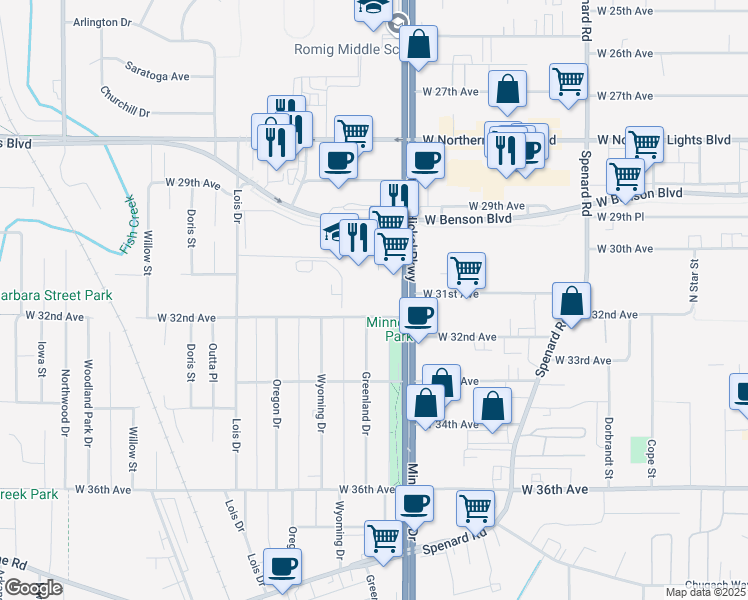 map of restaurants, bars, coffee shops, grocery stores, and more near 3020 Minnesota Drive in Anchorage