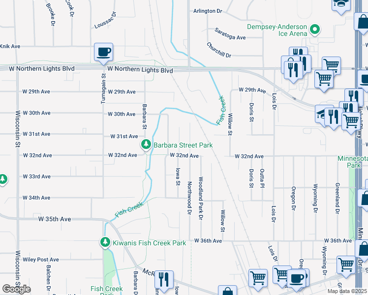 map of restaurants, bars, coffee shops, grocery stores, and more near 3100 Northwood Drive in Anchorage
