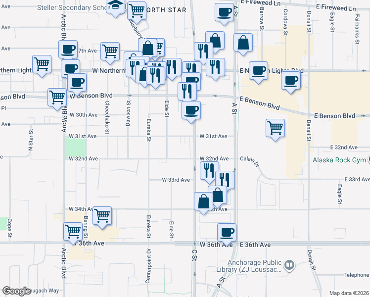 map of restaurants, bars, coffee shops, grocery stores, and more near 300 West 31st Avenue in Anchorage